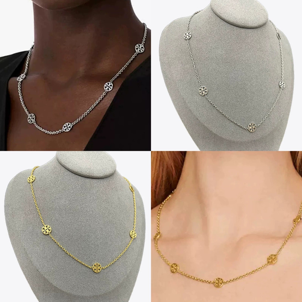 Tory Burch Gold Plated Round Double Chain Letter Pendant Collarbone Necklace
